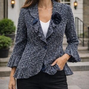 Tweed Blazer Womens Medium Navy White Ruffle Jacket Career Cynthia Rowley